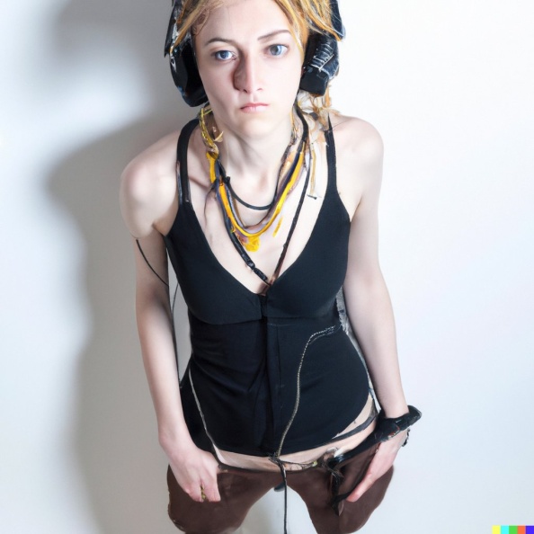 A high resolution photo of green-eyed young adult caucasian woman with blonde dreadlocks wearing large black vintage headphones, full figure, realisti (3).jpg