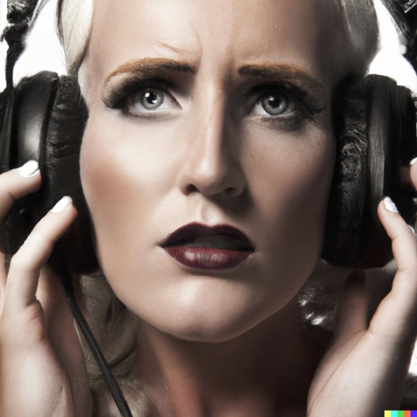 A high resolution portrait photo of a glamorous blonde woman wearing large black vintage headphones, detailed, realistic.jpg