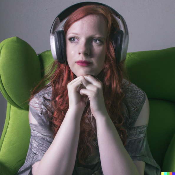 A red-haired, green-eyes young adult woman wearing big headphones and sitting in a green wingback armchair.jpg