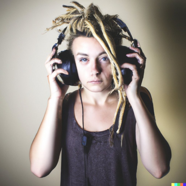 A young adult caucasian woman with blonde dreadlocks wearing large black vintage headphones.jpg