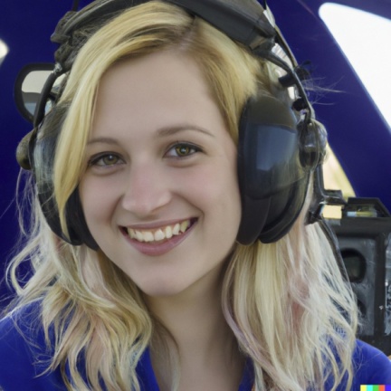 A high resolution photo of a cute, smiling young blonde woman wearing a large helicopter headset, detailed, realistic (7)