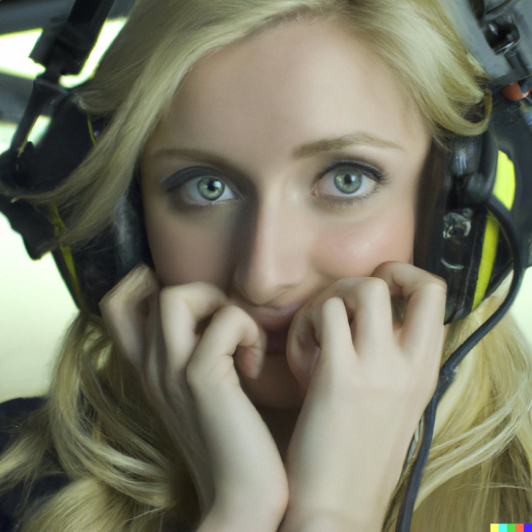 A high resolution photo of an attractive shy young blonde woman wearing a helicopter headset, detailed, realistic (3)