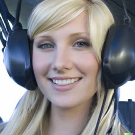 A high resolution photo of an attractive smiling young blonde woman wearing a large helicopter headset, detailed, realistic (2)