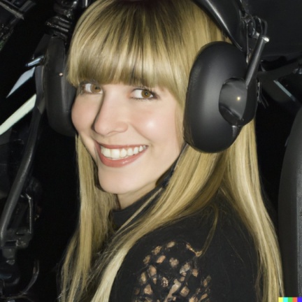 A high resolution photo of an attractive smiling young blonde woman with bangs wearing a large helicopter headset, detailed, realistic