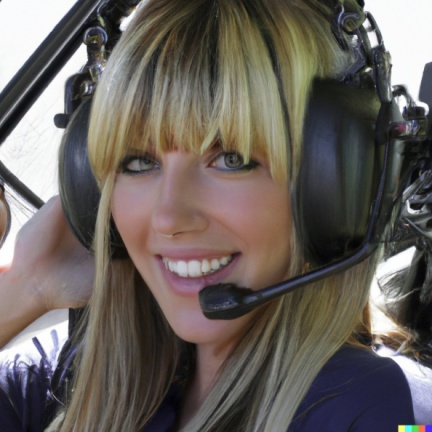 A high resolution photo of an attractive smiling young blonde woman with bangs wearing a large helicopter headset, detailed, realistic (3)