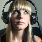 A high resolution photo of an attractive young blonde woman with bangs wearing large black vintage headphones, detailed, realistic (2)