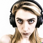 A high resolution, hyperrealistic photograph of a gorgeous young blonde woman with a hypnotised look in her eyes, wearing large black vintage headphon