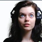 A high resolution, hyperrealistic photograph of a gorgeous young woman with a mesmerised look in her eyes, wearing large black vintage headphones, iso (2)