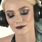 gorgeous smiling young blonde woman with closed eyes and goth makeup wearing large black vintage headphones, mastery of color grading and detail, in (2)