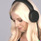 Professional photograph of attractive young blonde woman wearing large black vintage headphones, mastery of color grading and detail, insanely detai