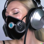 A wide-shot photo of a gorgeous smiling young blonde woman wearing large black vintage headphones over her ears, and wearing a clear transparent shiny