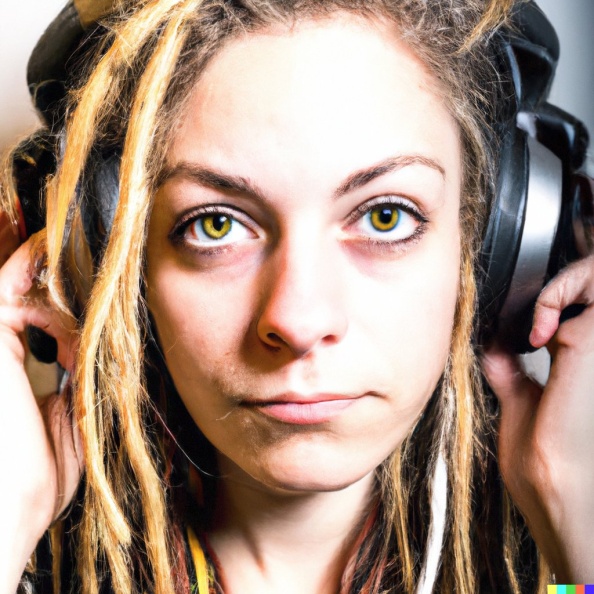 A green-eyed young adult caucasian woman with blonde dreadlocks wearing large black vintage headphones.jpg