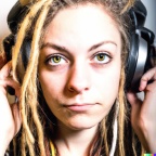 A green-eyed young adult caucasian woman with blonde dreadlocks wearing large black vintage headphones