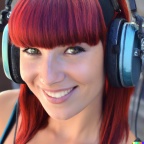 A high resolution photo of a smiling, attractive young adult caucasian woman with red hair and bangs wearing huge vintage Pioneer headphones, realisti