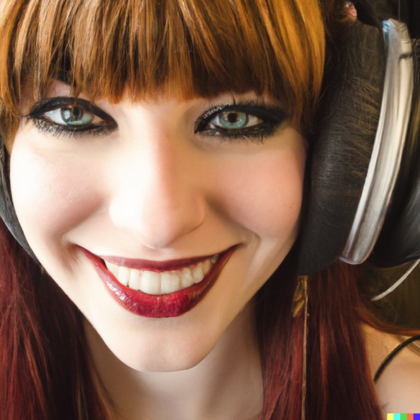 A high resolution photo of a smiling, attractive young adult caucasian woman with red hair and bangs wearing huge vintage Pioneer headphones, realisti (2).jpg