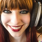 A high resolution photo of a smiling, attractive young adult caucasian woman with red hair and bangs wearing huge vintage Pioneer headphones, realisti (2)