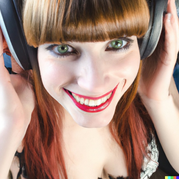 A high resolution photo of a smiling, attractive young adult caucasian woman with red hair and bangs wearing huge vintage Pioneer headphones, realisti (3).jpg