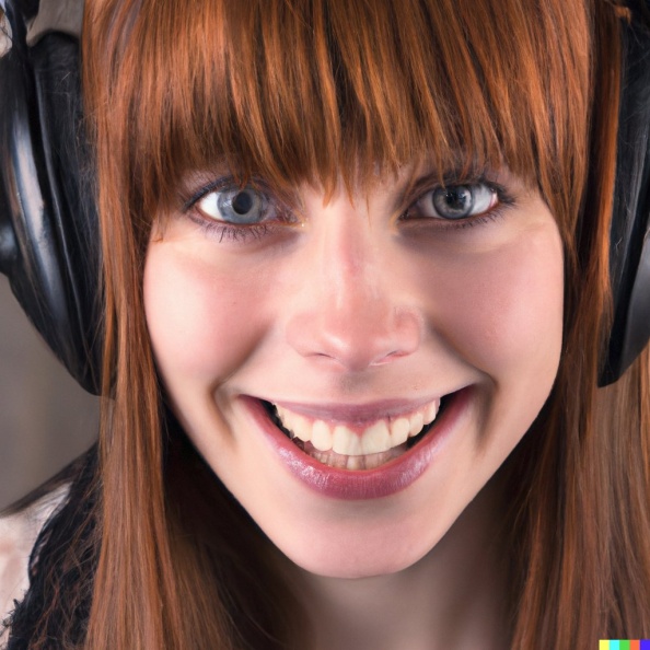 A high resolution photo of a smiling, attractive young adult caucasian woman with red hair and bangs wearing huge vintage Pioneer headphones, realisti (4).jpg