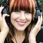 A high resolution photo of a smiling, attractive young adult caucasian woman with red hair and bangs wearing oversized black vintage headphones, reali