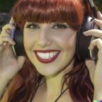 A high resolution photo of a smiling, attractive young adult caucasian woman with red hair and bangs wearing oversized vintage headphones, realistic (2)