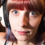 A high resolution photo of a young adult caucasian woman with red hair and bangs wearing huge vintage Pioneer headphones, realistic