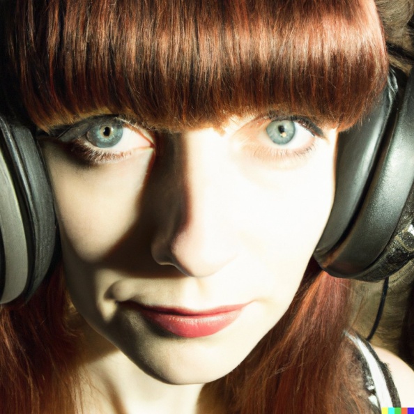 A high resolution photo of a young adult caucasian woman with red hair and bangs wearing huge vintage Pioneer headphones, realistic (3)