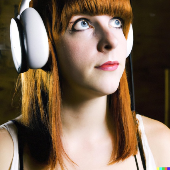 A high resolution photo of a young adult caucasian woman with red hair and bangs wearing huge vintage Pioneer headphones, realistic (4).jpg
