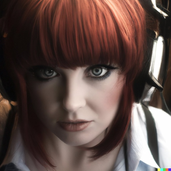 A high resolution photo of a young adult caucasian woman with red hair and bangs wearing huge vintage Pioneer headphones, realistic (5)