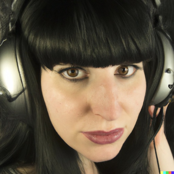 A high resolution photo of a young adult woman with black hair and bangs wearing huge black vintage headphones, realistic.jpg