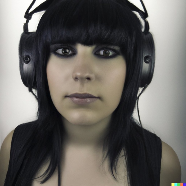 A high resolution photo of a young adult woman with black hair and bangs wearing huge black vintage headphones, realistic (2).jpg