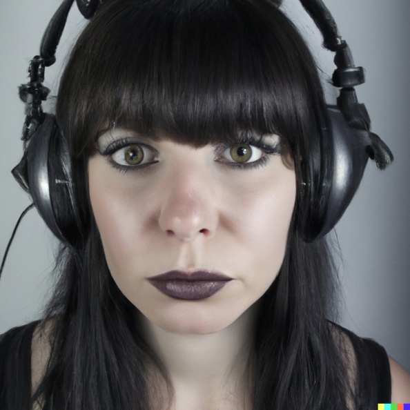 A high resolution photo of a young adult woman with black hair and bangs wearing huge black vintage headphones, realistic (3).jpg