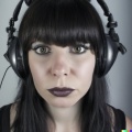 A high resolution photo of a young adult woman with black hair and bangs wearing huge black vintage headphones, realistic (3)
