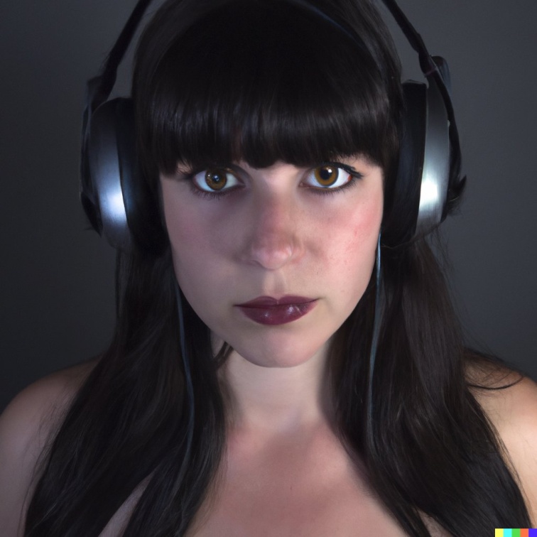 A high resolution photo of a young adult woman with black hair and bangs wearing huge black vintage headphones, realistic (4)
