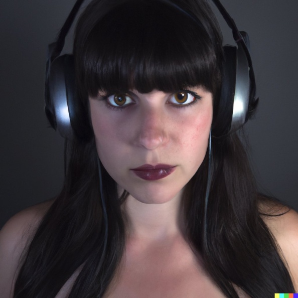 A high resolution photo of a young adult woman with black hair and bangs wearing huge black vintage headphones, realistic (4).jpg