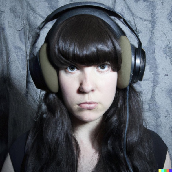 A high resolution photo of a young adult woman with black hair and bangs wearing huge black vintage headphones, realistic (5).jpg