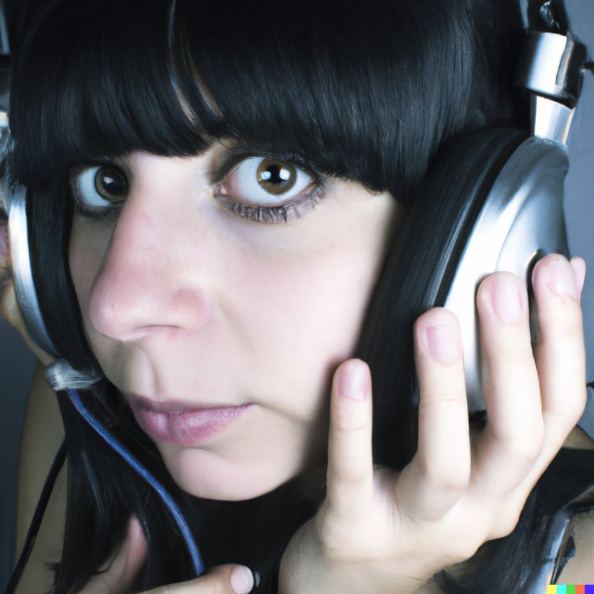 A high resolution photo of a young adult woman with black hair and bangs wearing huge vintage AKG headphones, realistic.jpg
