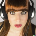 A high resolution photo of an attractive young adult caucasian woman with red hair and bangs wearing oversized black vintage headphones, realistic.jpg