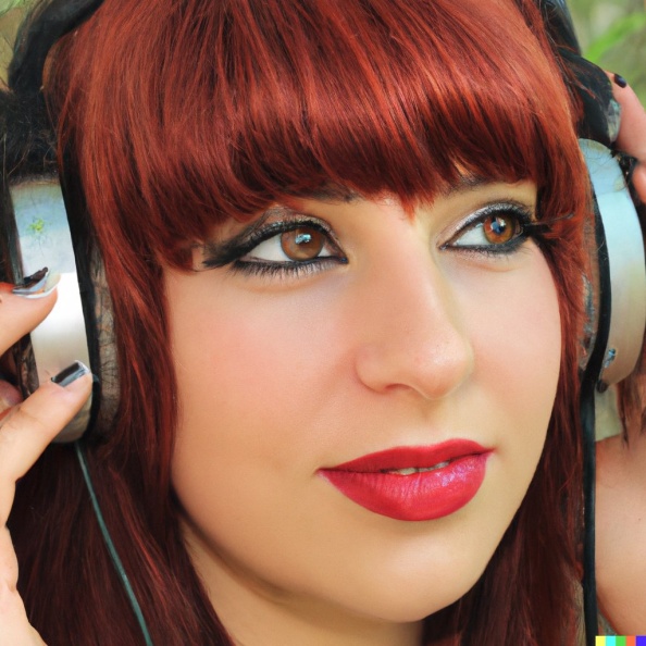 A high resolution photo of an attractive young adult caucasian woman with red hair and bangs wearing oversized vintage headphones, realistic.jpg