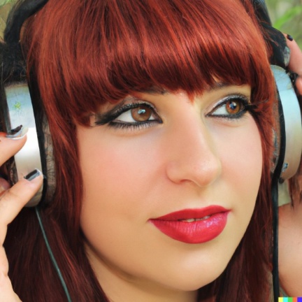 A high resolution photo of an attractive young adult caucasian woman with red hair and bangs wearing oversized vintage headphones, realistic