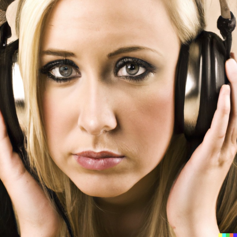 A high resolution photo of an attractive young blonde woman wearing large black vintage headphones, detailed, realistic (10)