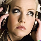 A high resolution photo of an attractive young blonde woman wearing large black vintage headphones, detailed, realistic (2)