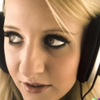 A high resolution photo of an attractive young blonde woman wearing large black vintage headphones, detailed, realistic (9)