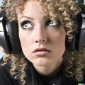 A high resolution photo of an attractive young blonde woman with curly hair wearing large black vintage headphones, detailed, realistic.jpg