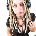 A high resolution photo of green-eyed young adult caucasian woman with blonde dreadlocks wearing large black vintage headphones, full figure, realisti.jpg