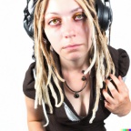 A high resolution photo of green-eyed young adult caucasian woman with blonde dreadlocks wearing large black vintage headphones, full figure, realisti