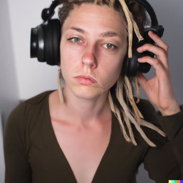 A high resolution photo of green-eyed young adult caucasian woman with blonde dreadlocks wearing large black vintage headphones, full figure, realisti (2).jpg