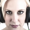 A high resolution photo showing the head and shoulders of an attractive young blonde woman wearing large black vintage headphones, detailed, realistic.jpg