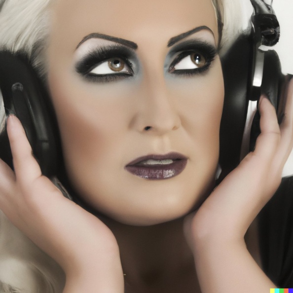A high resolution portrait photo of a glamorous blonde woman wearing large black vintage headphones, detailed, photorealistic.jpg