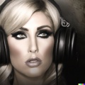 A high resolution portrait photo of a glamorous blonde woman wearing large black vintage headphones, detailed, realistic (2)