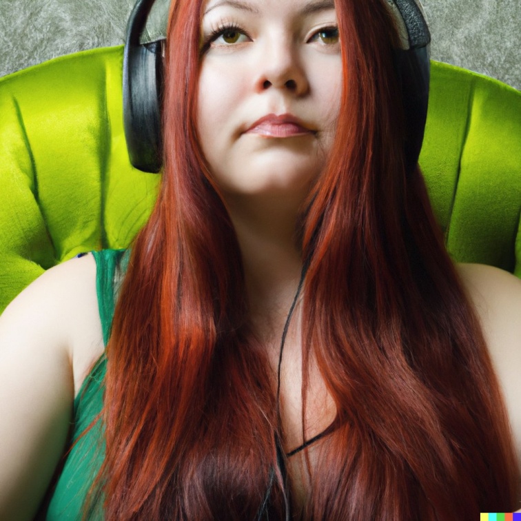 A red-haired, green-eyes young adult woman wearing big headphones and sitting in a green wingback armchair (2)